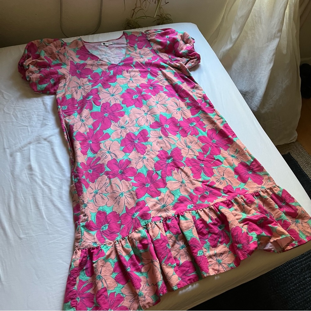 OH JOY! x THE ODELLS pink green tropical floral puff short sleeve midi dress